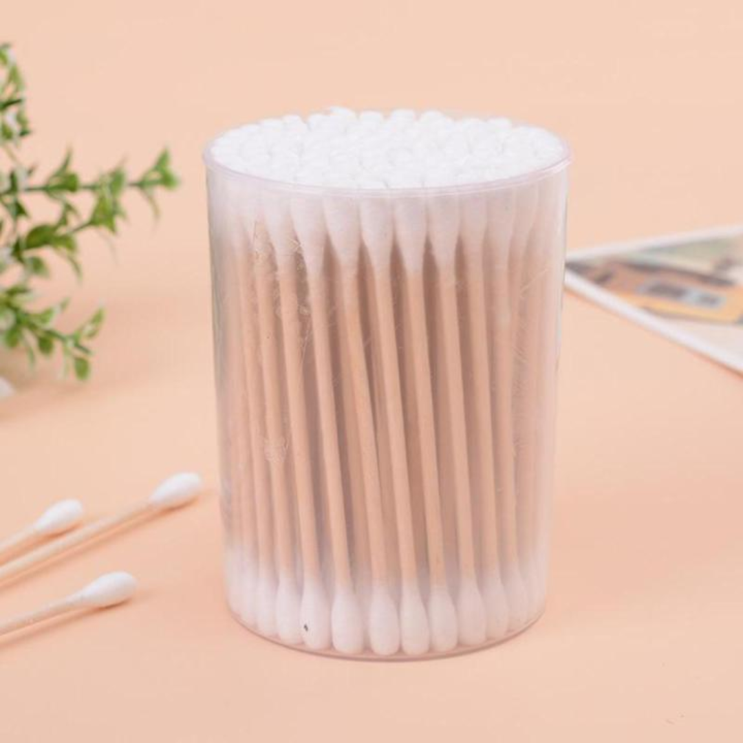 150 Pcs Approx. Cotton Swab Double Head Cotton Buds Wooden with round plastic box